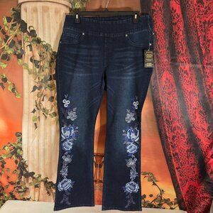 NWT DG2 by Diane Gilman 1XT Indigo Blue Floral Embroidered Bootcut Jeans